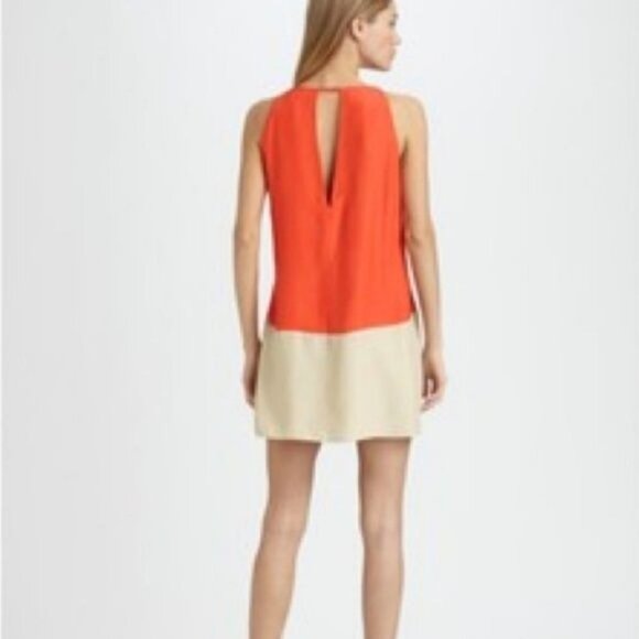Parker Silk Colorblock Chemise Dress Keyhole Neck Orange Tan Size Small - Picture 2 of 11